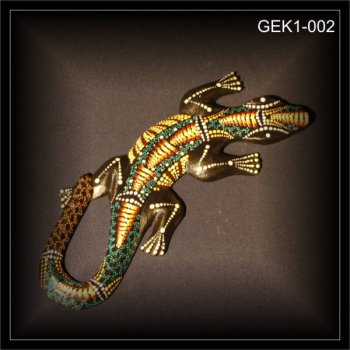 Geschnitzter Holz Gecko 30cm, Dotpaint grün braun weiß GEK1-002